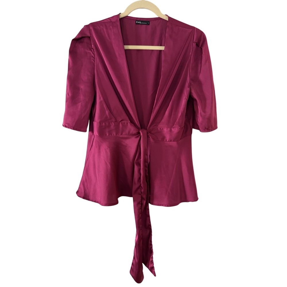 FHQ Collection Women's L Magenta Satin Short Sleeve Tie Front Blouse | SKU 0144